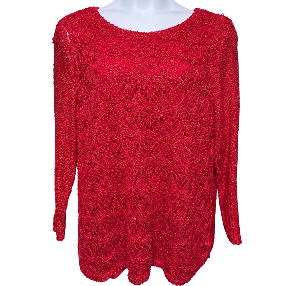 CJ‎ BANKS Red Crochet Sequin Knit Top 2X Layered Look Evening Party Shimmer Chic